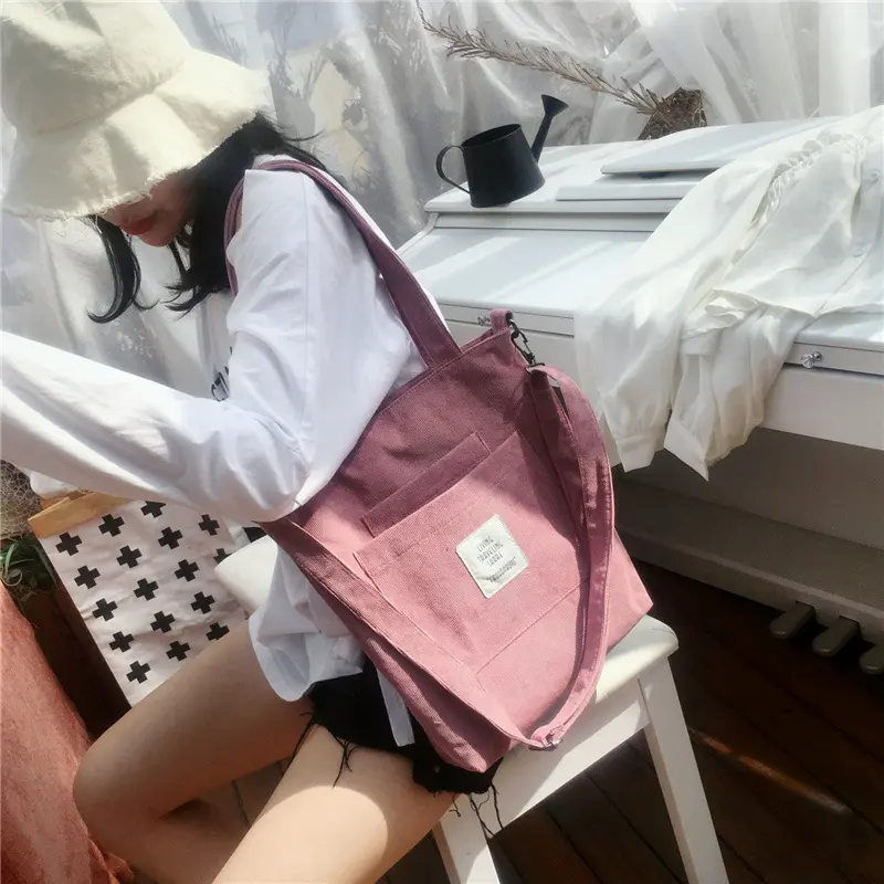 Women Corduroy Tote Ladies Casual Canvas Shoulder Bag Soft Crossbody Messenger Bags Striped Cloth Purse Female Eco Books Handbag