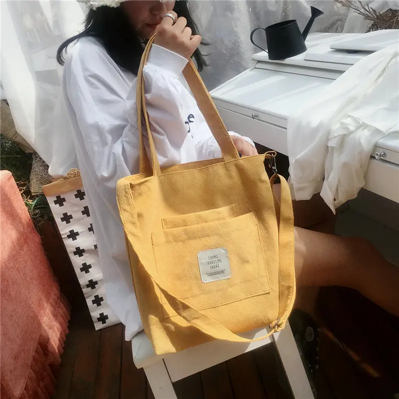 Women Corduroy Tote Ladies Casual Canvas Shoulder Bag Soft Crossbody Messenger Bags Striped Cloth Purse Female Eco Books Handbag