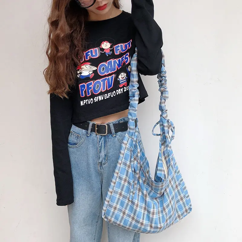 Women Plaid Large Capacity Shoulder Bag Drawstring Shoulder Design Messenger Bags Lady Canvas Crossbody Bag Cloth Handbag Purse