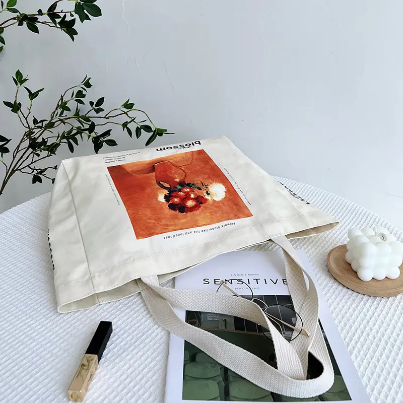 Women Canvas Shopping Bag Bloom Oil Painting Female Cotton Cloth Purse Shoulder Bag Eco Books Handbag Grocery Shopper Large Tote