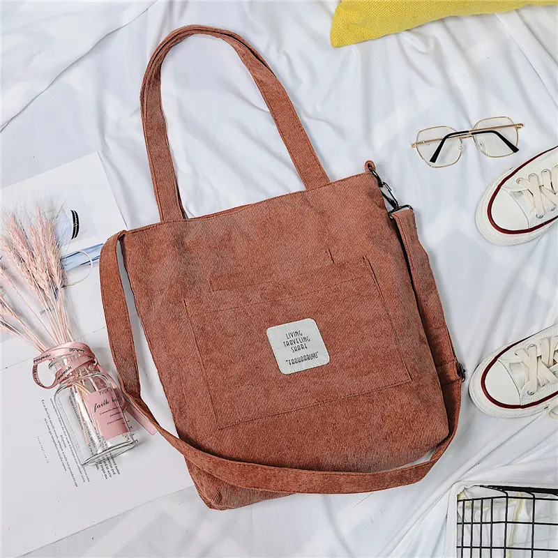 Women Corduroy Tote Ladies Casual Canvas Shoulder Bag Soft Crossbody Messenger Bags Striped Cloth Purse Female Eco Books Handbag