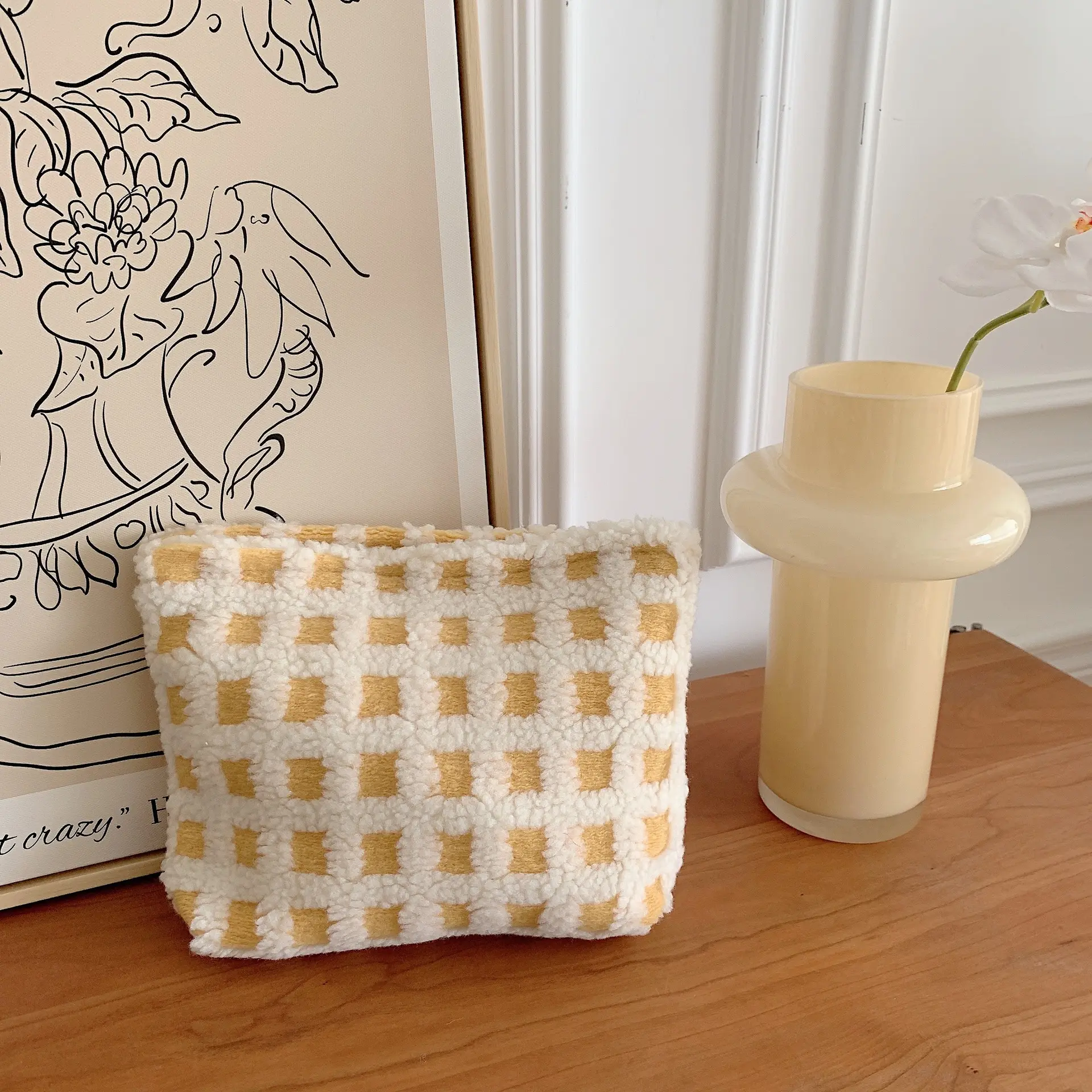 Waffle Checked Clutches Soft Poplin Fabric Women Zipper Cosmetic Organizer Cute Makeup Bag Small Make Up Purse Portable Handbag