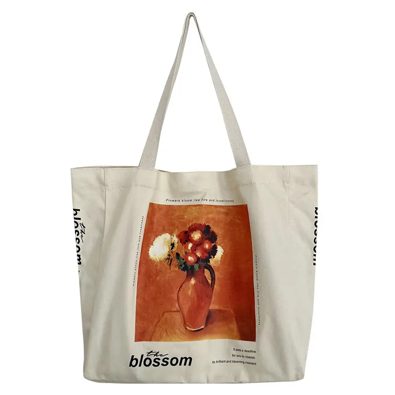Women Canvas Shopping Bag Bloom Oil Painting Female Cotton Cloth Purse Shoulder Bag Eco Books Handbag Grocery Shopper Large Tote