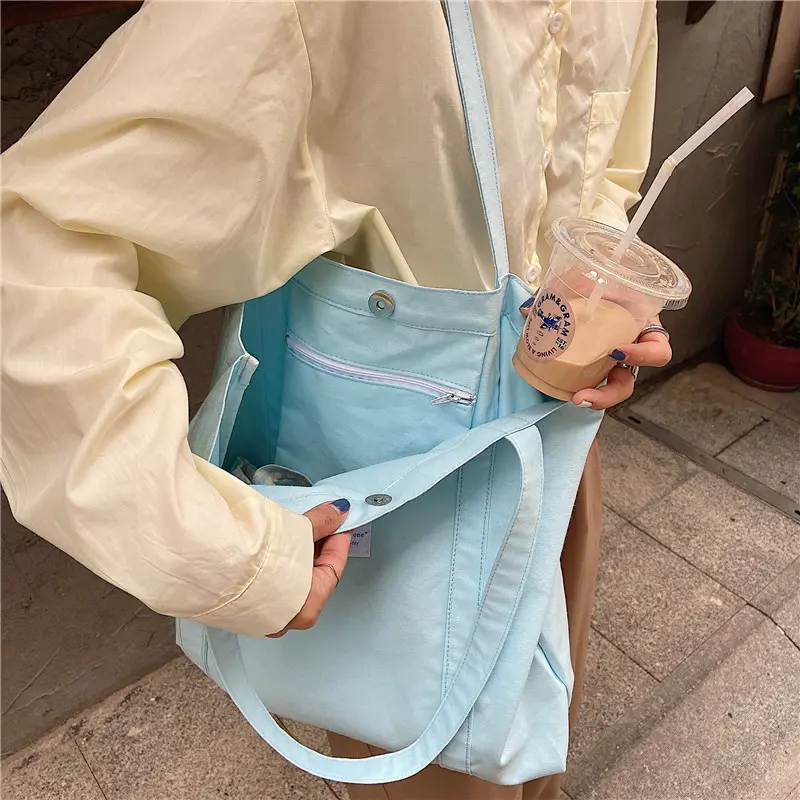 Women Cotton Canvas Shoulder Bag Simple Eco Fabric Handbag Solid School Books Tote Portable Shopping Bags For Girls