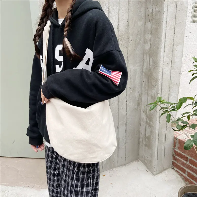 Women Canvas Messenger Bag Large Capacity Shoulder Bag Simple Zipper Semicircle Shape Cloth Purses Ladies Cotton Crossbody Bags