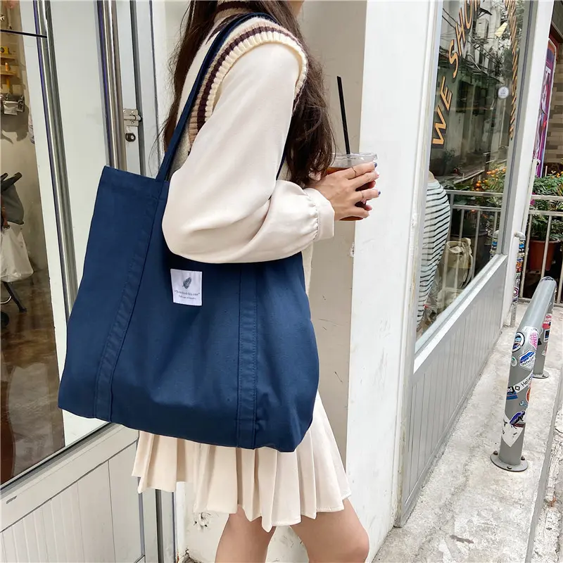 Women Cotton Canvas Shoulder Bag Simple Eco Fabric Handbag Solid School Books Tote Portable Shopping Bags For Girls