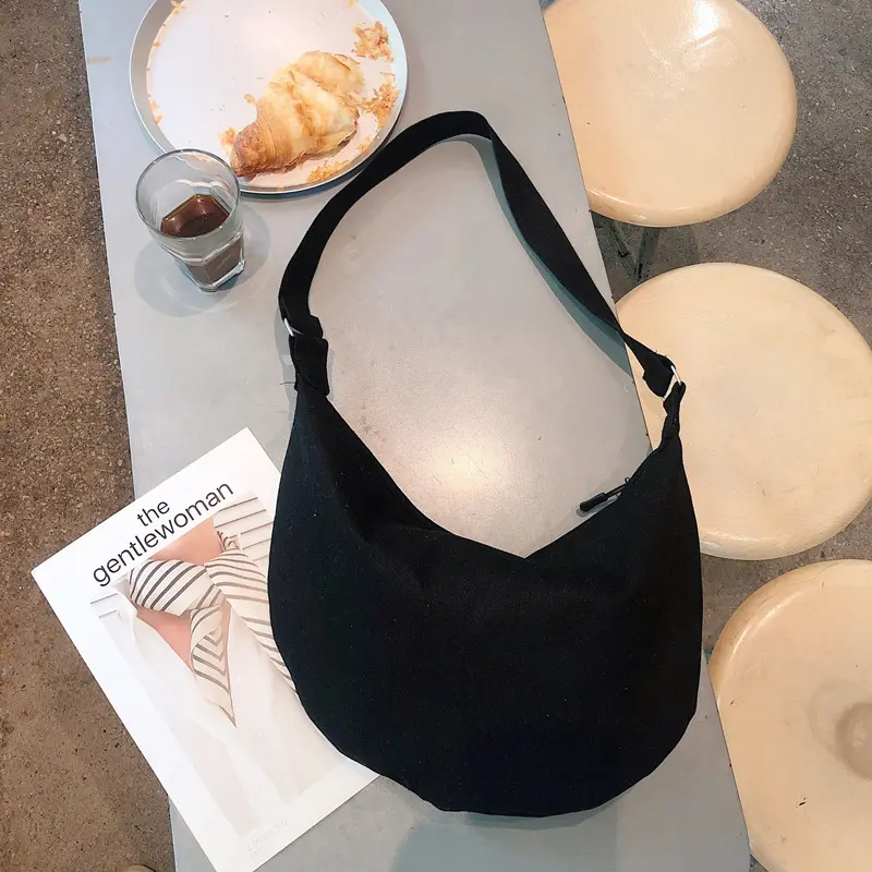 Women Canvas Messenger Bag Large Capacity Shoulder Bag Simple Zipper Semicircle Shape Cloth Purses Ladies Cotton Crossbody Bags