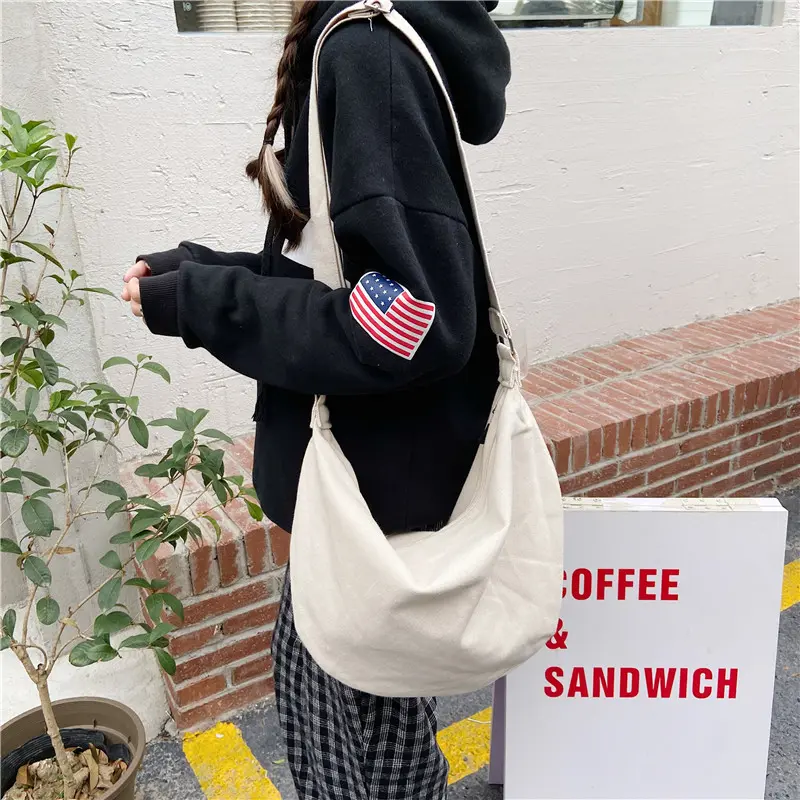 Women Canvas Messenger Bag Large Capacity Shoulder Bag Simple Zipper Semicircle Shape Cloth Purses Ladies Cotton Crossbody Bags
