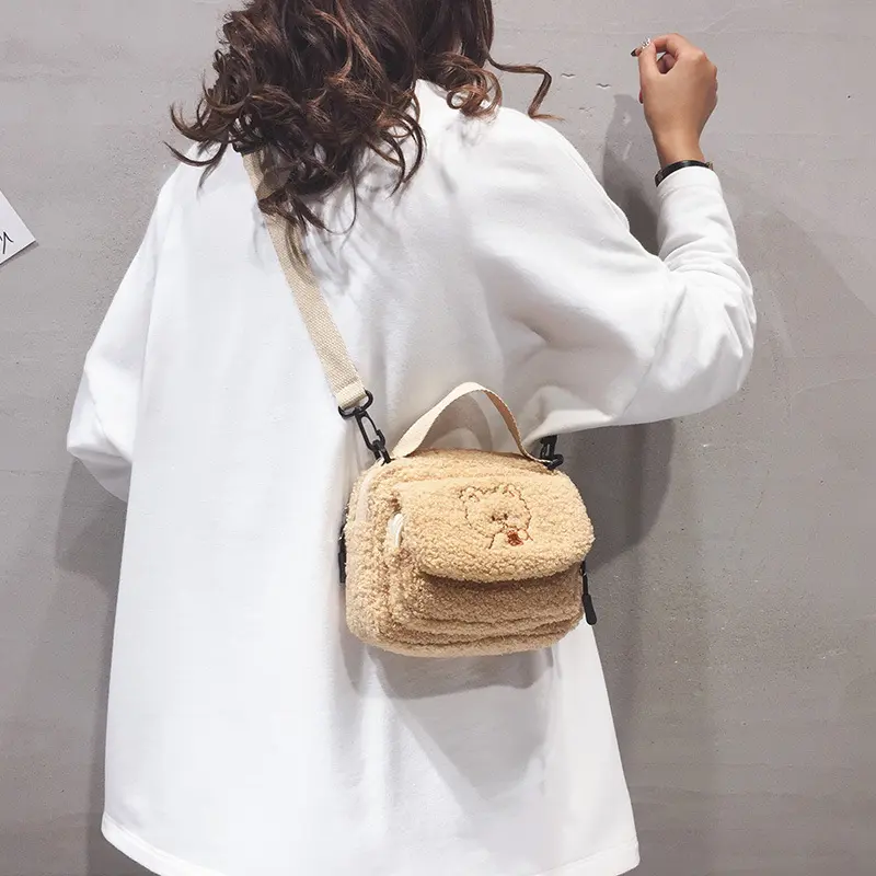 Women Mini Plush Shoulder Bag Female Small Canvas Cross Body Bags Ladies Cute Embroidery Zip Cloth Purse Mobile Phone Bag Tote
