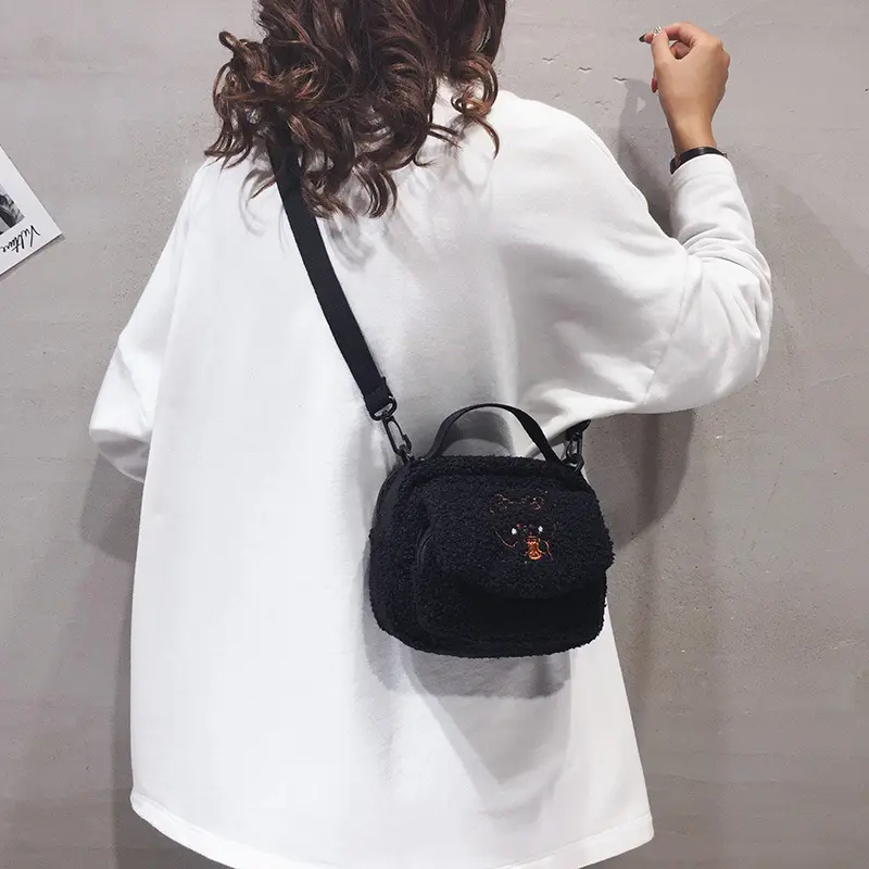 Women Mini Plush Shoulder Bag Female Small Canvas Cross Body Bags Ladies Cute Embroidery Zip Cloth Purse Mobile Phone Bag Tote