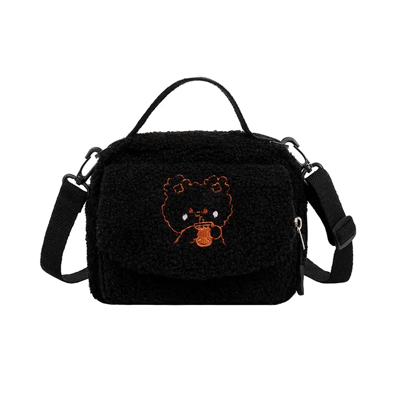 Women Mini Plush Shoulder Bag Female Small Canvas Cross Body Bags Ladies Cute Embroidery Zip Cloth Purse Mobile Phone Bag Tote
