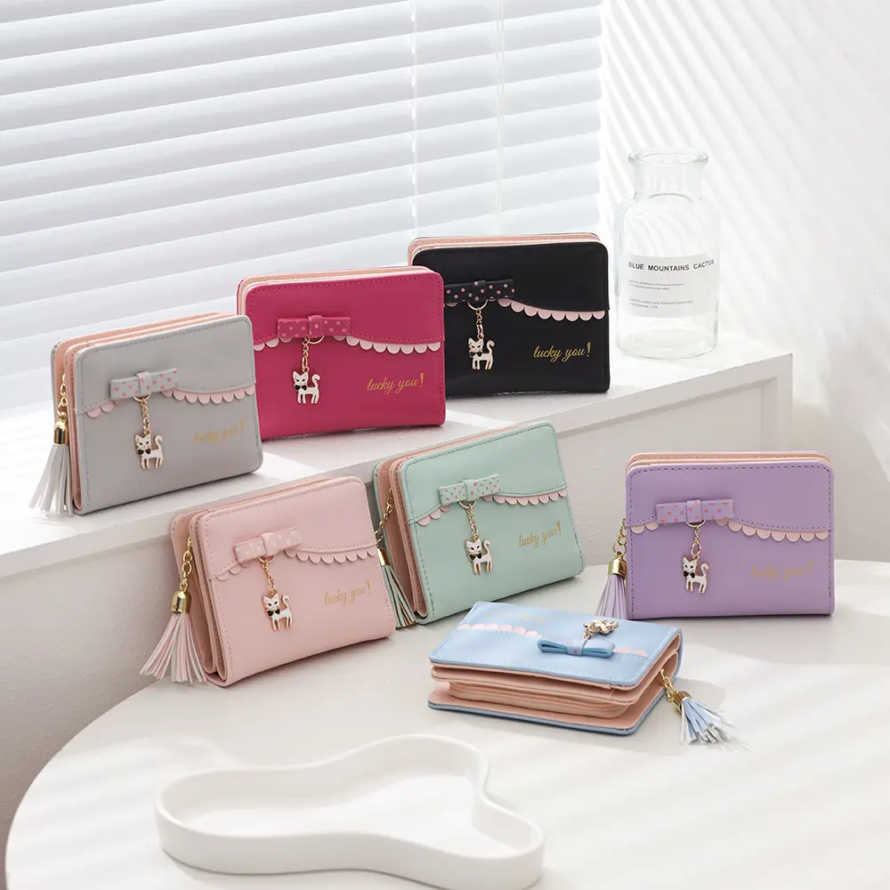 Women Cute Bow Cat Short Wallet Girls Luxury Zipper Coin Purse PU Leather Bank Credit Card Holder Female Student Small Money Bag
