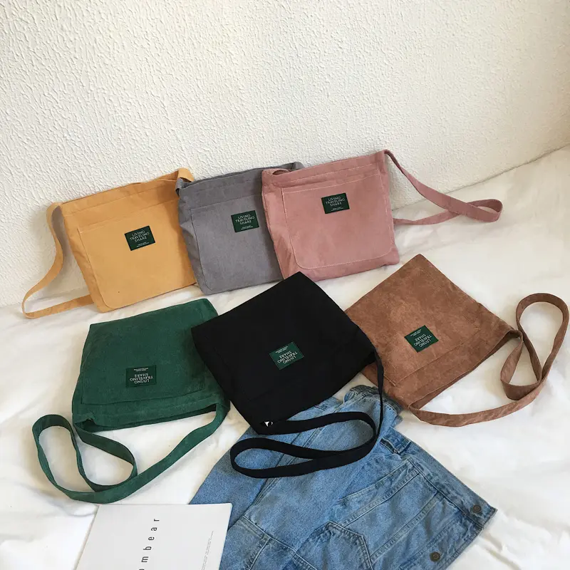 Women Corduroy Shoulder Bag Female Canvas Crossbody Purse Simple Cloth Fabric Handbag Tote Solid Zipper Messenger Bags For Girls