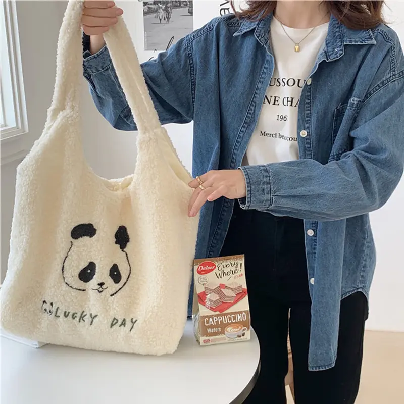Warm Plush Fabric Women Shoulder Bag Cute Panda Handbag Tote Large Capacity Embroidery Shopping Bag Cloth Book Bags For Girls
