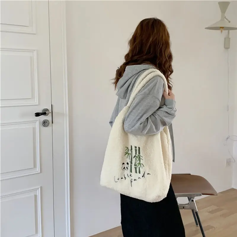 Warm Plush Fabric Women Shoulder Bag Cute Panda Handbag Tote Large Capacity Embroidery Shopping Bag Cloth Book Bags For Girls