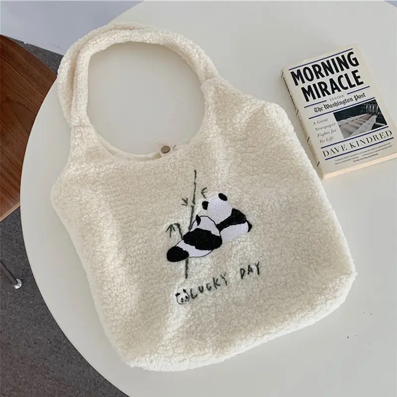 Warm Plush Fabric Women Shoulder Bag Cute Panda Handbag Tote Large Capacity Embroidery Shopping Bag Cloth Book Bags For Girls