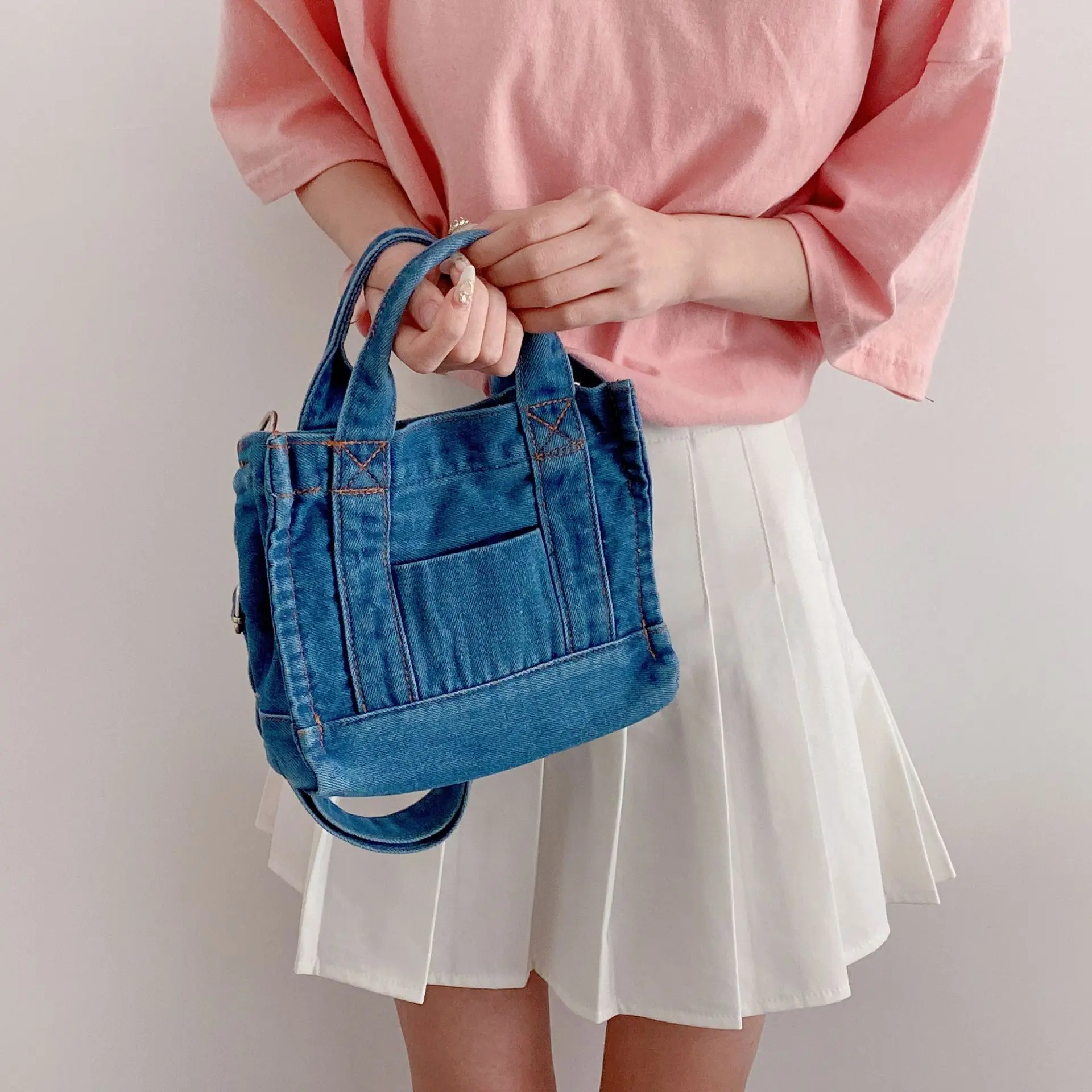 Denim Cloth Women Mini Shoulder Bag Girl Blue Canvas Fabric Handbag Small Casual Tote Detachable Strap Lady Little Zipper Purse