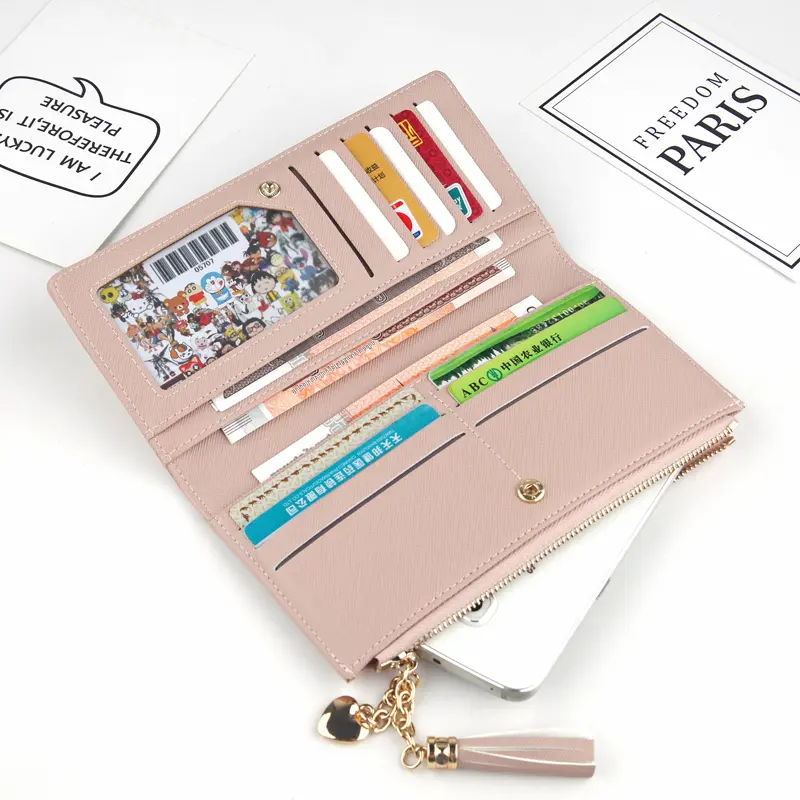 Women Long Wallet Tassel Zipper Phone Case Crossed Grain PU Leather Coin Purse Card Holder Cute Clutch Pink Money Bag For Girls