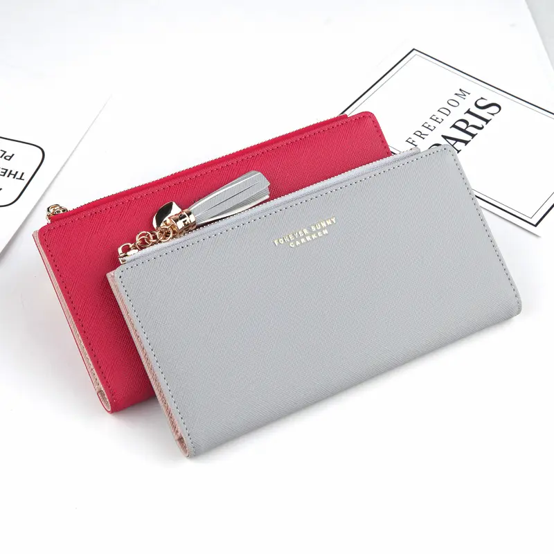 Women Long Wallet Tassel Zipper Phone Case Crossed Grain PU Leather Coin Purse Card Holder Cute Clutch Pink Money Bag For Girls