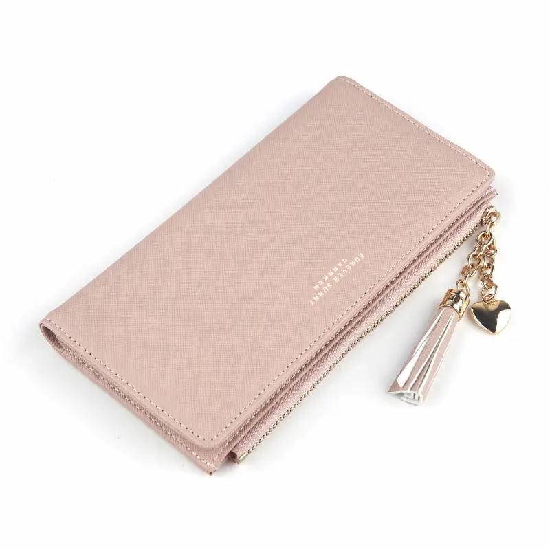 Women Long Wallet Tassel Zipper Phone Case Crossed Grain PU Leather Coin Purse Card Holder Cute Clutch Pink Money Bag For Girls
