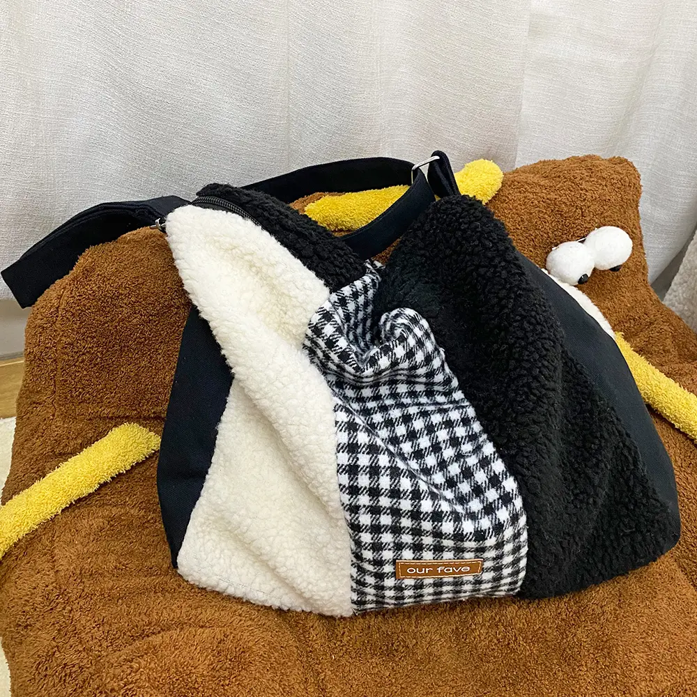 Female Plush & Canvas Shoulder Bag Patchwork Design Crossbody Messenger Bags Women Cloth Fabric Purse Girls Cute Books Handbag
