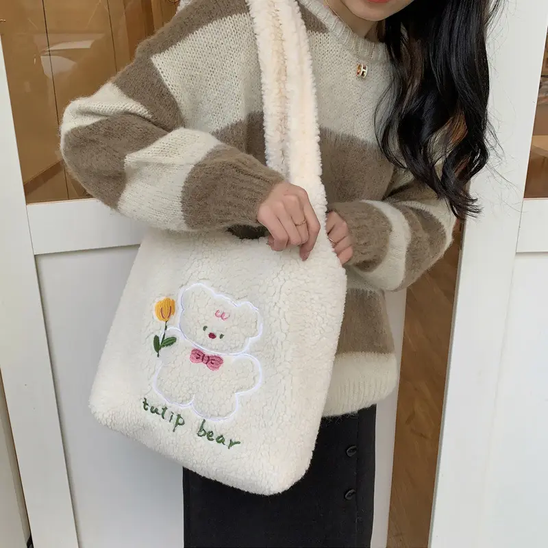 Women Plush Shoulder Bag Embroidery Warm Cloth Handbag Soft Canvas Tote Large Shopping Bag Cute Cartoon Bear Book Bags For Girls