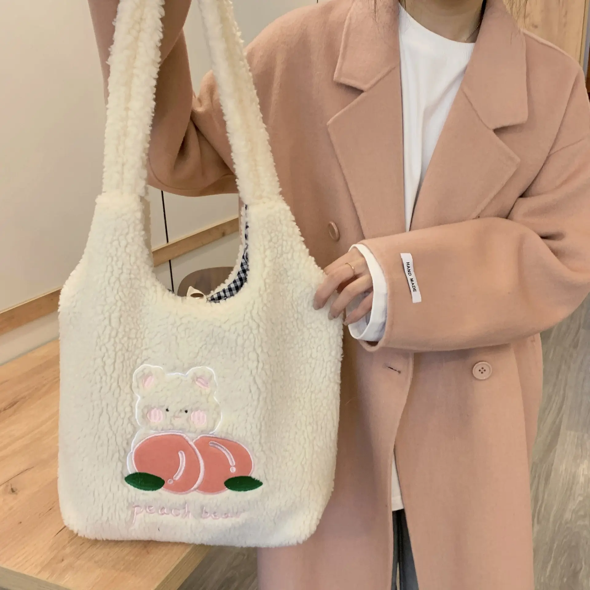 Women Plush Shoulder Bag Embroidery Warm Cloth Handbag Soft Canvas Tote Large Shopping Bag Cute Cartoon Bear Book Bags For Girls