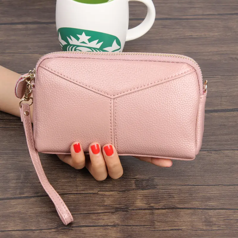 Real Leather Women Long Wallet Ladies Zipper Coin Purse Cute Simple Organizer Patchwork Solid Money Clutch Luxury Designer Bag