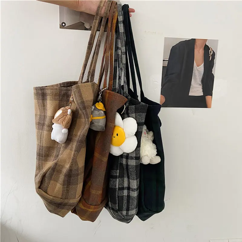 Extra Large Women Woolen Canvas Bags Checked Pattern Design Handbag Soft Warm Cloth Fabric Big Tote Ladies Casual Shoulder Bag