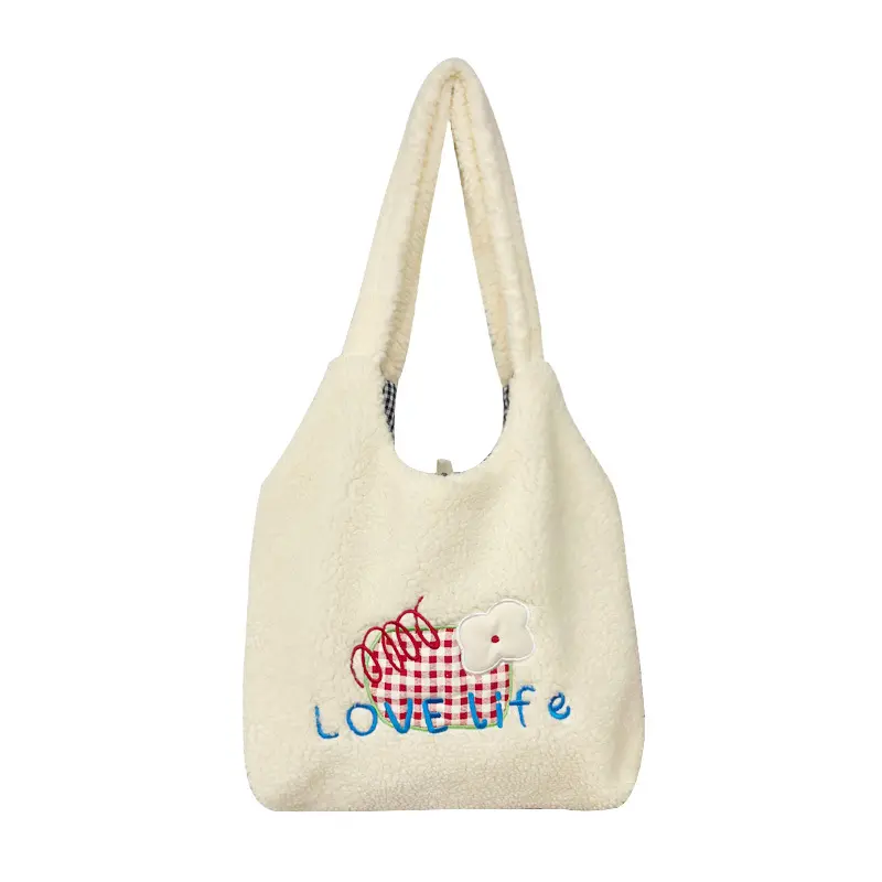 Women Plush Shoulder Bag Embroidery Warm Cloth Handbag Soft Canvas Tote Large Shopping Bag Cute Cartoon Bear Book Bags For Girls