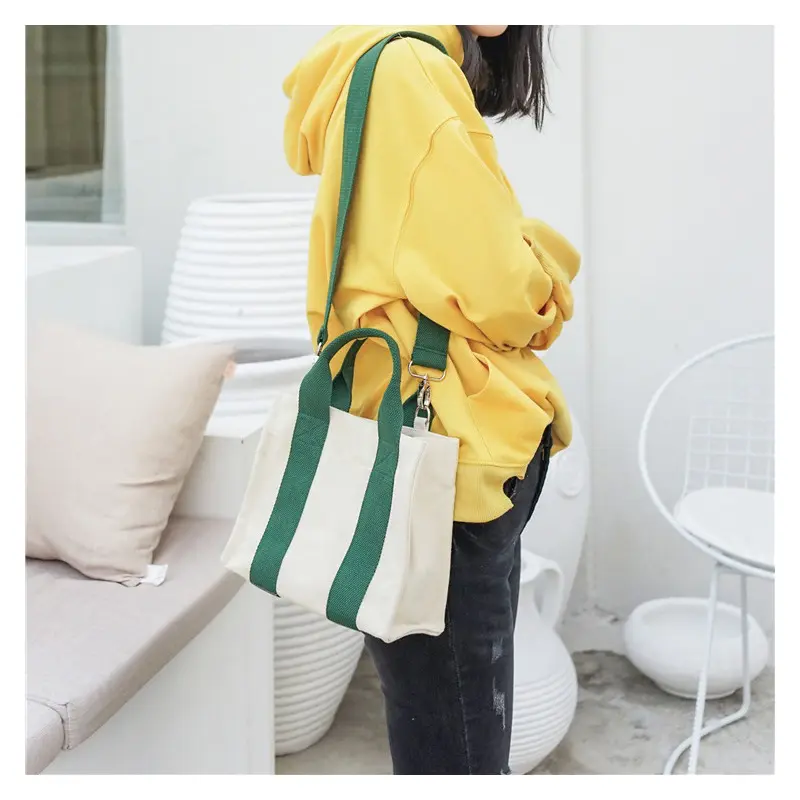 Women Canvas Shoulder Bag Girl Small Handbag Square Tote Crossbody Messenger Bags Thick Cotton Cloth Purse Cute Shopping Bag