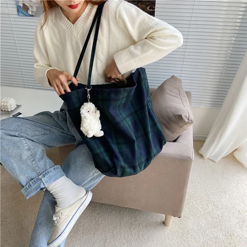 Extra Large Women Woolen Canvas Bags Checked Pattern Design Handbag Soft Warm Cloth Fabric Big Tote Ladies Casual Shoulder Bag