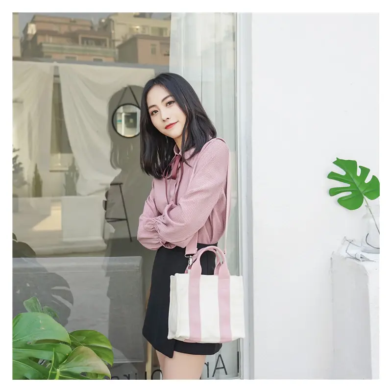 Women Canvas Shoulder Bag Girl Small Handbag Square Tote Crossbody Messenger Bags Thick Cotton Cloth Purse Cute Shopping Bag