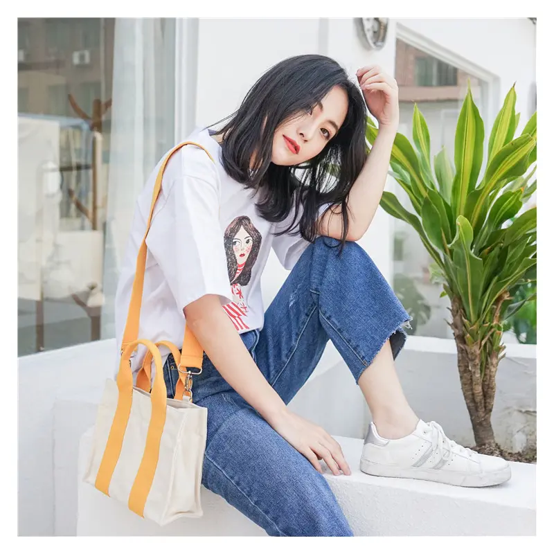 Women Canvas Shoulder Bag Girl Small Handbag Square Tote Crossbody Messenger Bags Thick Cotton Cloth Purse Cute Shopping Bag