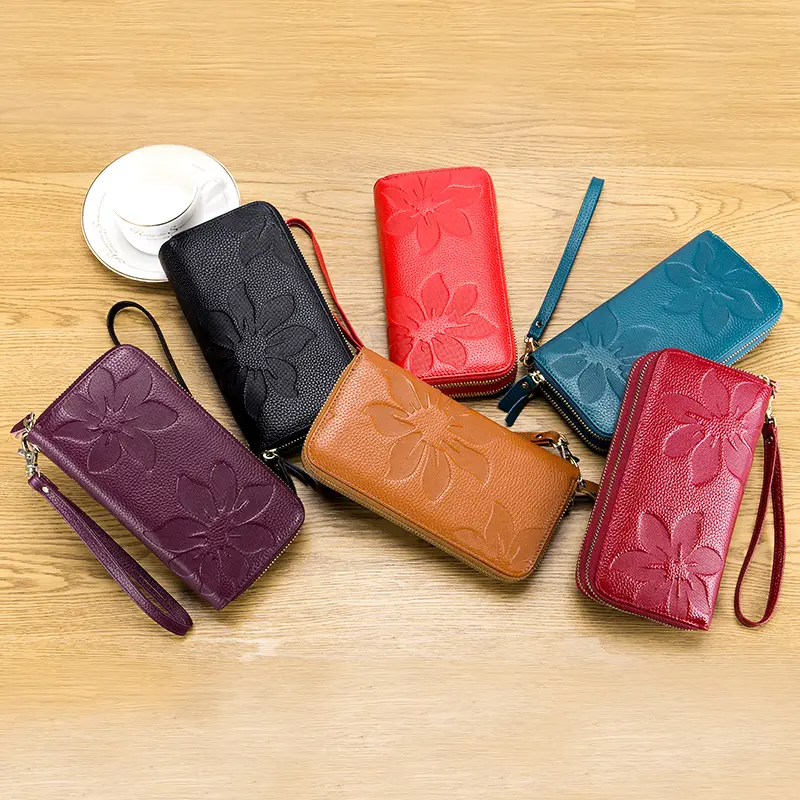 Genuine Cow Leather Women Double Zipper Long Wallet Large Capacity Ladies Purse Phone Bag Rfid Credit Cards Holder Money Clutch