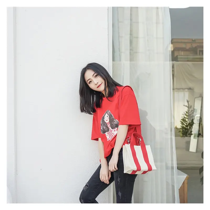 Women Canvas Shoulder Bag Girl Small Handbag Square Tote Crossbody Messenger Bags Thick Cotton Cloth Purse Cute Shopping Bag
