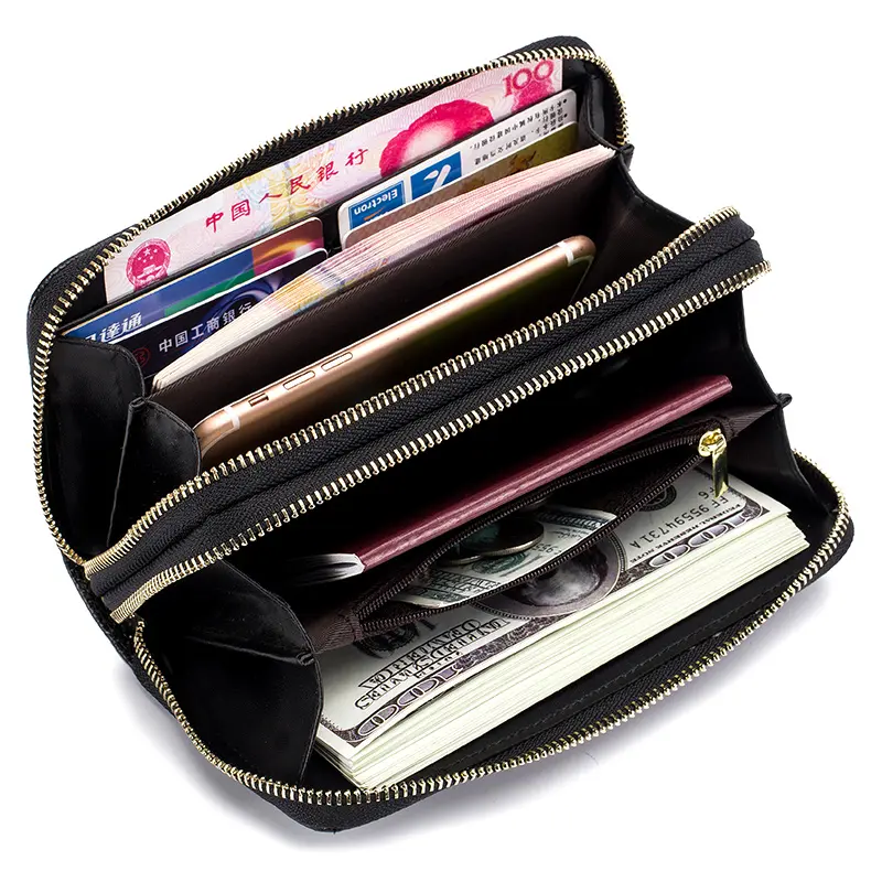 Genuine Cow Leather Women Double Zipper Long Wallet Large Capacity Ladies Purse Phone Bag Rfid Credit Cards Holder Money Clutch