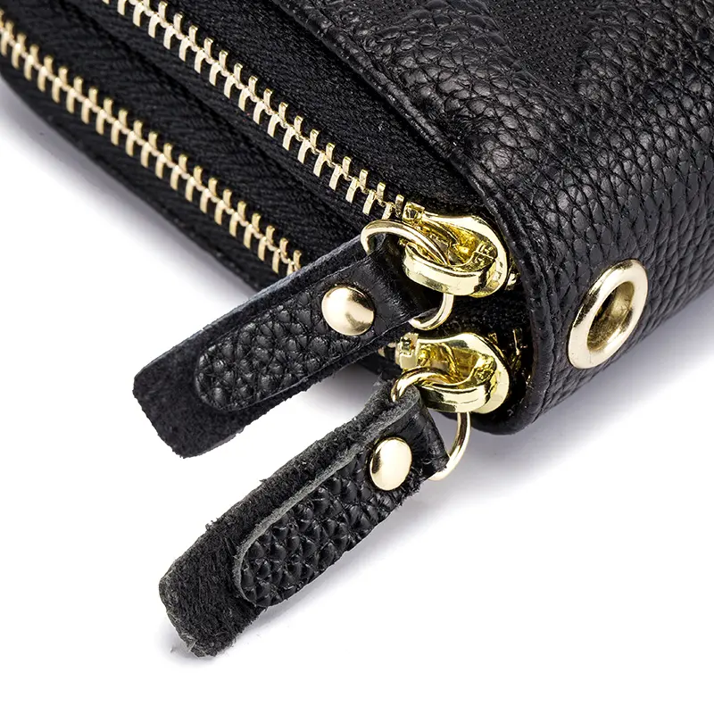 Genuine Cow Leather Women Double Zipper Long Wallet Large Capacity Ladies Purse Phone Bag Rfid Credit Cards Holder Money Clutch