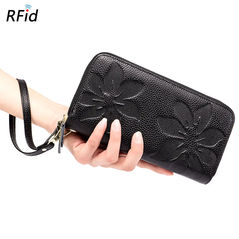 Genuine Cow Leather Women Double Zipper Long Wallet Large Capacity Ladies Purse Phone Bag Rfid Credit Cards Holder Money Clutch