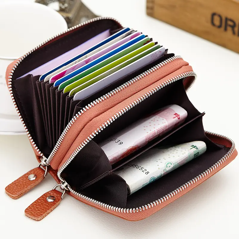 Genuine Leather Men & Women Mini Short Wallet Cow Leather Coin Purse Solid Card Holder Accordion Card Slots Double Zipper Pocket