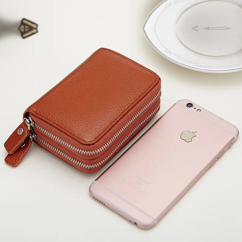Genuine Leather Men & Women Mini Short Wallet Cow Leather Coin Purse Solid Card Holder Accordion Card Slots Double Zipper Pocket
