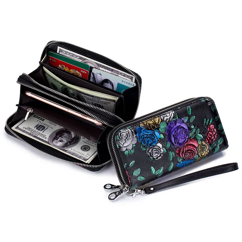 Women Floral Long Wallet Genuine Leather Large Capacity Double Zipper Purse Credit Card Holder Money Bag Rose Flower Clutch
