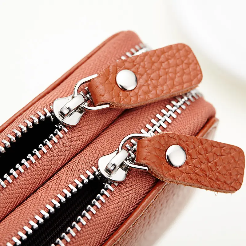 Genuine Leather Men & Women Mini Short Wallet Cow Leather Coin Purse Solid Card Holder Accordion Card Slots Double Zipper Pocket