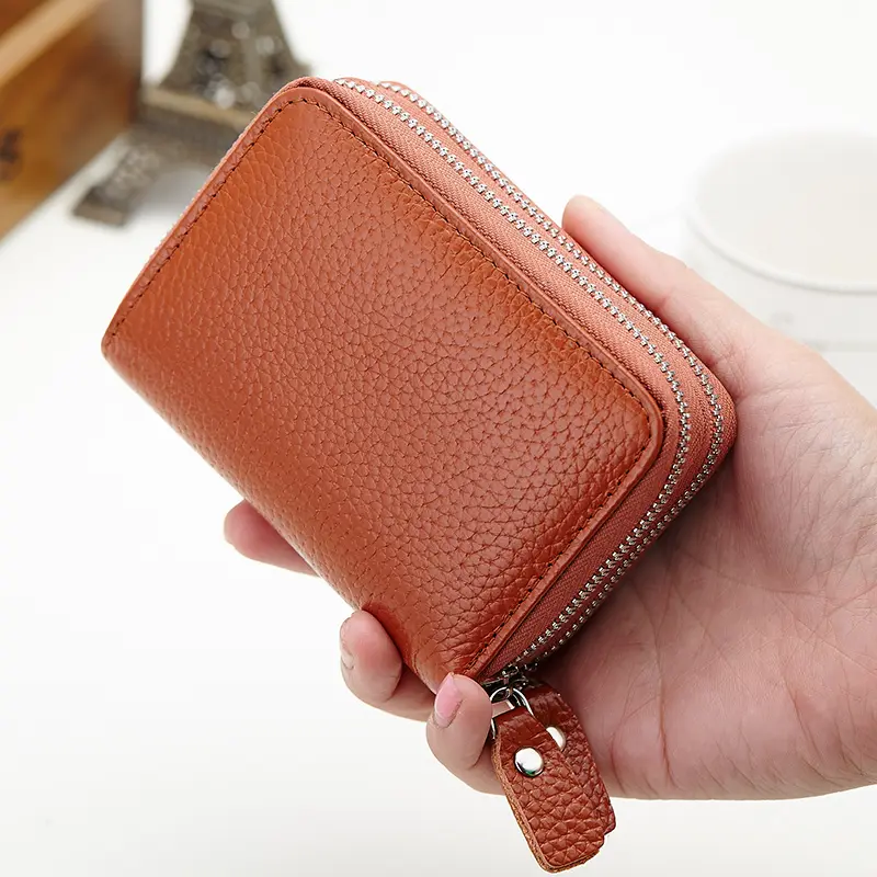Genuine Leather Men & Women Mini Short Wallet Cow Leather Coin Purse Solid Card Holder Accordion Card Slots Double Zipper Pocket