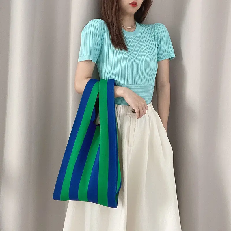 Knitted Fabric Women Handbag Stripes Design Eco Small Shopping Bag Decoration Purse Contrast Colors Woolen Cloth Tote For Ladies