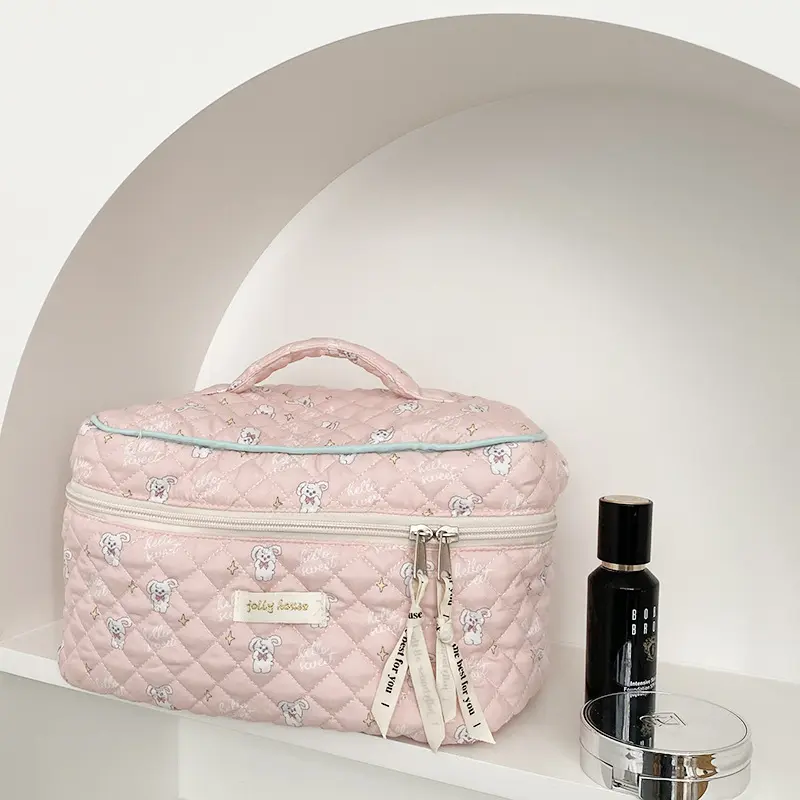 Cute Quilting Cotton Makeup Bag Women Zipper Cosmetic Organizer Female Cloth Handbag Box Shape Portable Toiletry Case For Girls