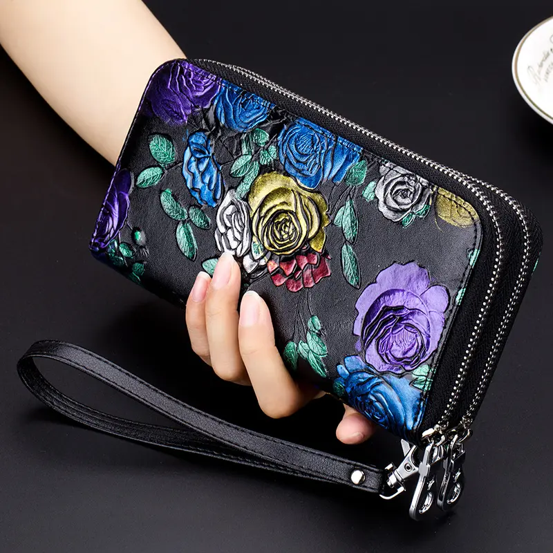 Women Floral Long Wallet Genuine Leather Large Capacity Double Zipper Purse Credit Card Holder Money Bag Rose Flower Clutch