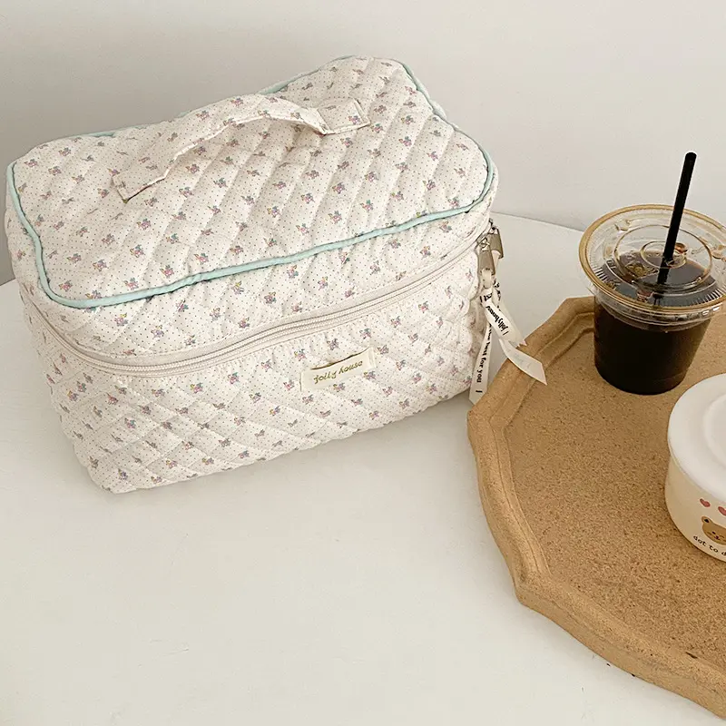 Cute Quilting Cotton Makeup Bag Women Zipper Cosmetic Organizer Female Cloth Handbag Box Shape Portable Toiletry Case For Girls