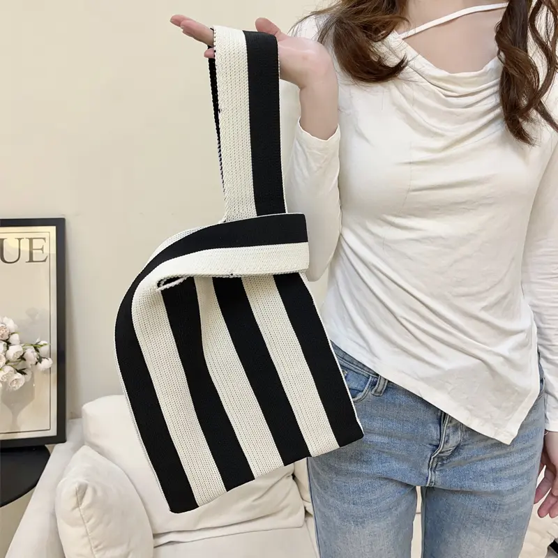 Knitted Fabric Women Handbag Stripes Design Eco Small Shopping Bag Decoration Purse Contrast Colors Woolen Cloth Tote For Ladies