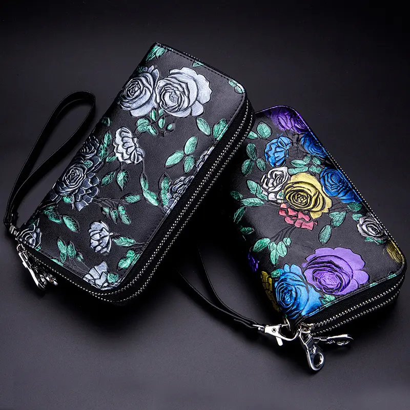 Women Floral Long Wallet Genuine Leather Large Capacity Double Zipper Purse Credit Card Holder Money Bag Rose Flower Clutch